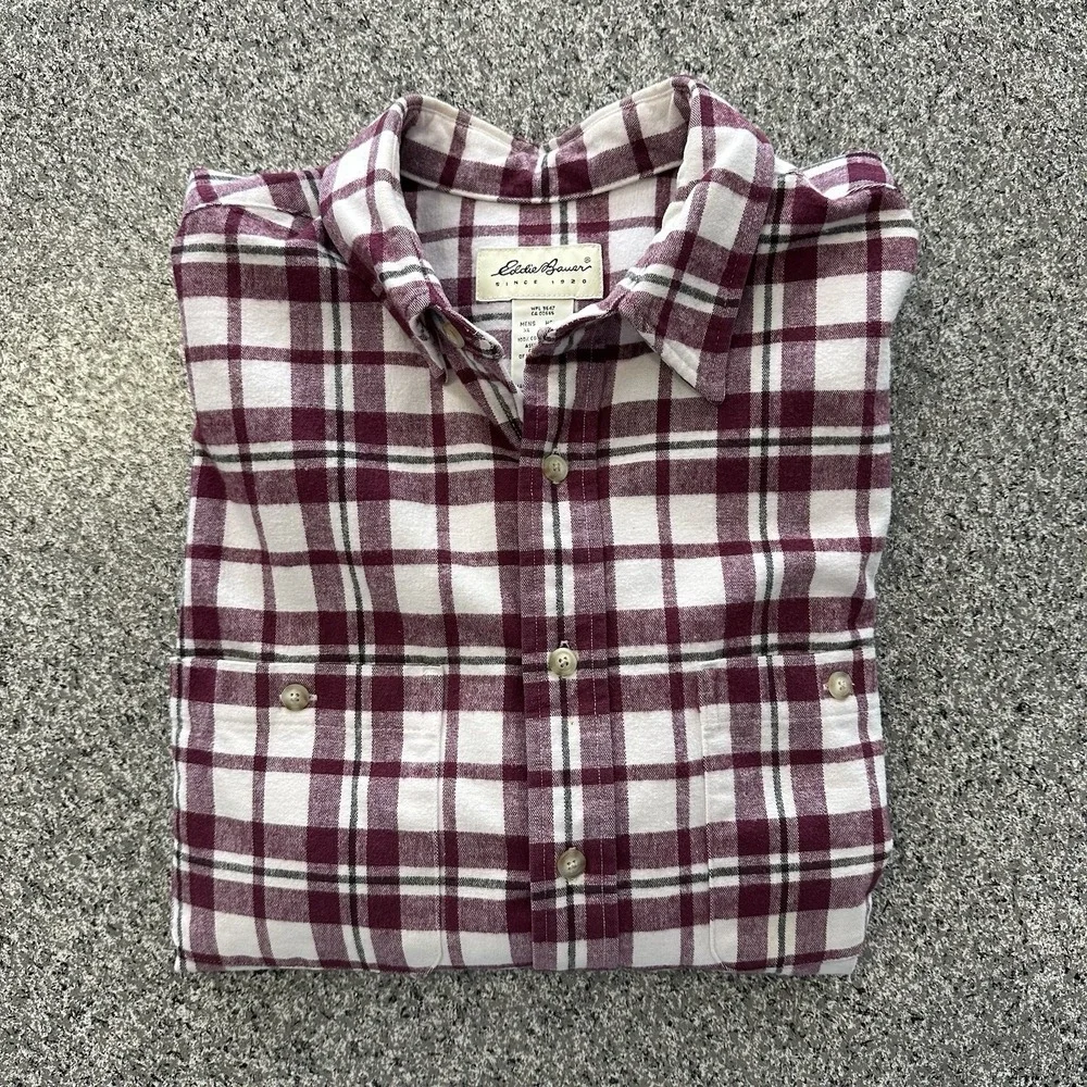 Eddie Bauer Flannel Shirt Mens XXL Thick Vintage Long Sleeve Plaid Burgundy